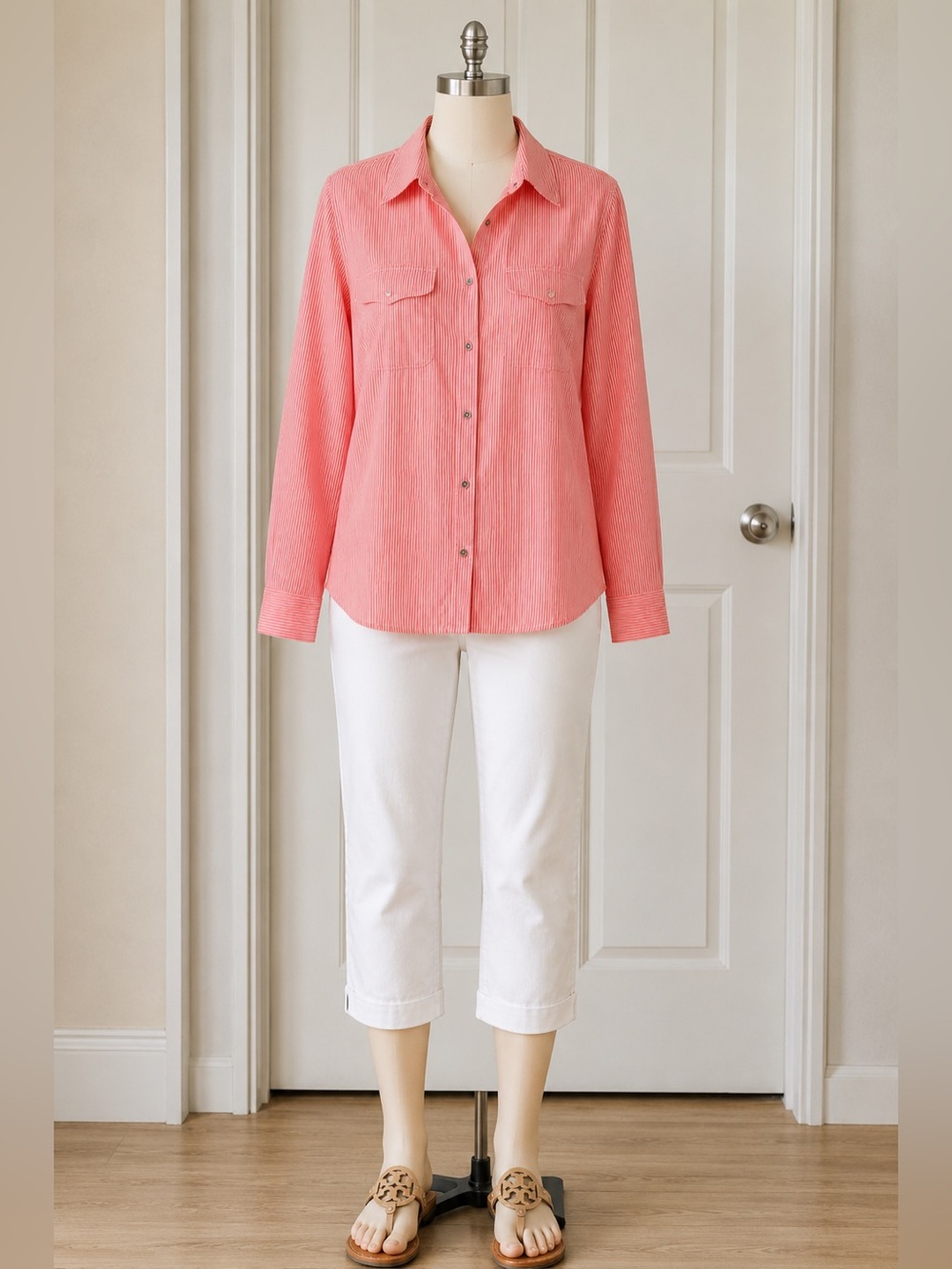 Lightweight New York & Company Peach and White Striped Blouse Size XL